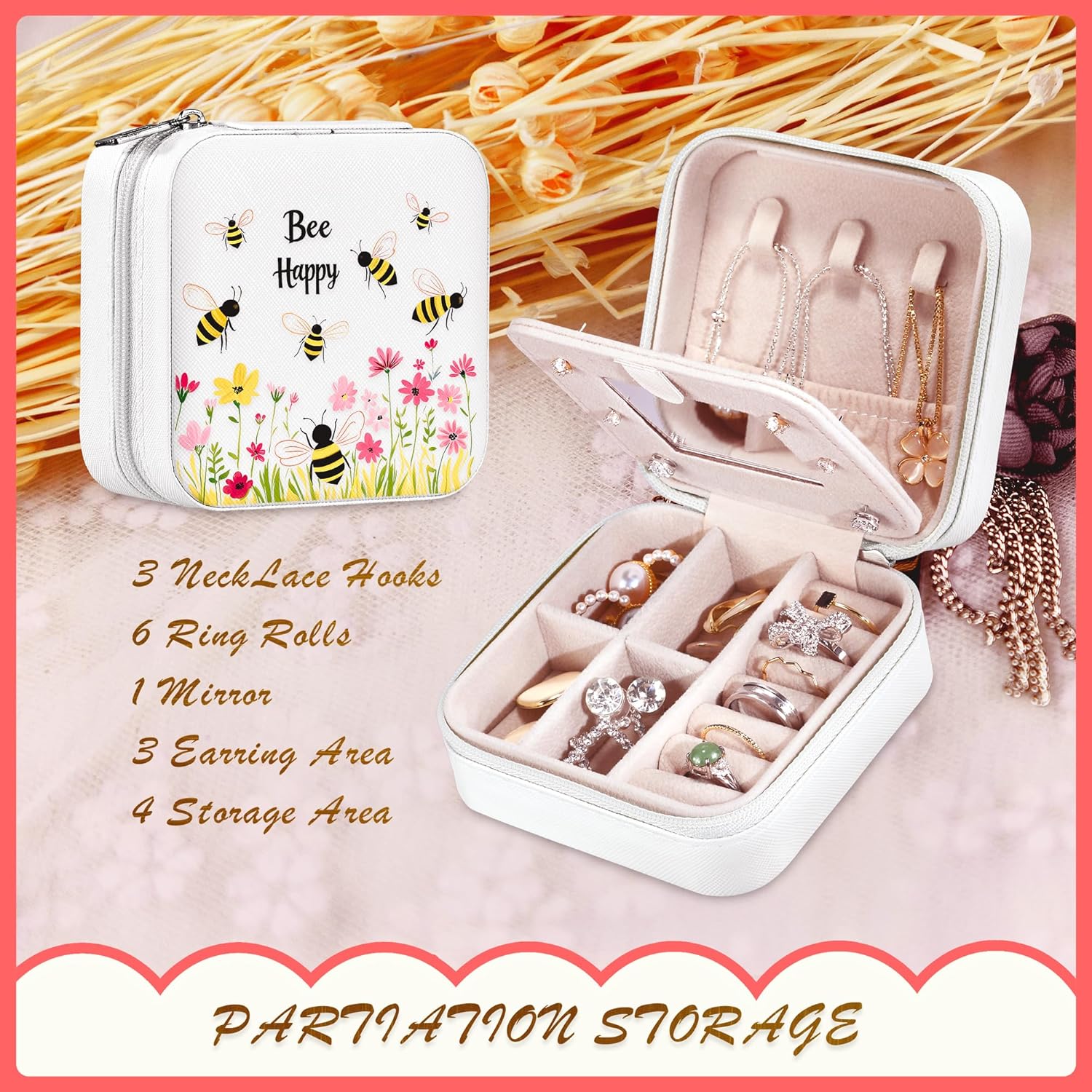 Bee Jewelry Box, Gifts For Women Teens Girls Age 8-12, Bumble Bee Lovers Themed Stuff Items Accessories Things Merchandise Decor Merch, Travel Ring Earrings Necklace Organizer Holder! - 4