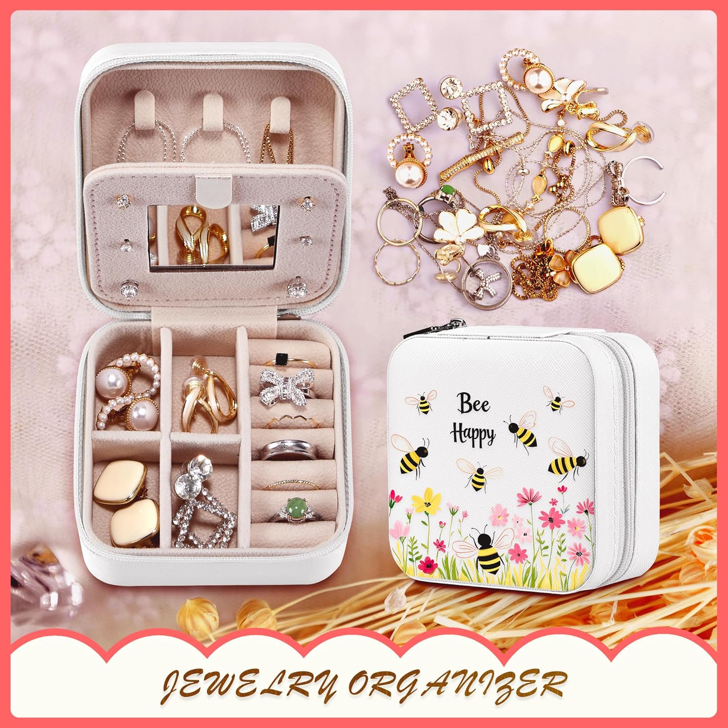 Bee Jewelry Box, Gifts For Women Teens Girls Age 8-12, Bumble Bee Lovers Themed Stuff Items Accessories Things Merchandise Decor Merch, Travel Ring Earrings Necklace Organizer Holder! - 5
