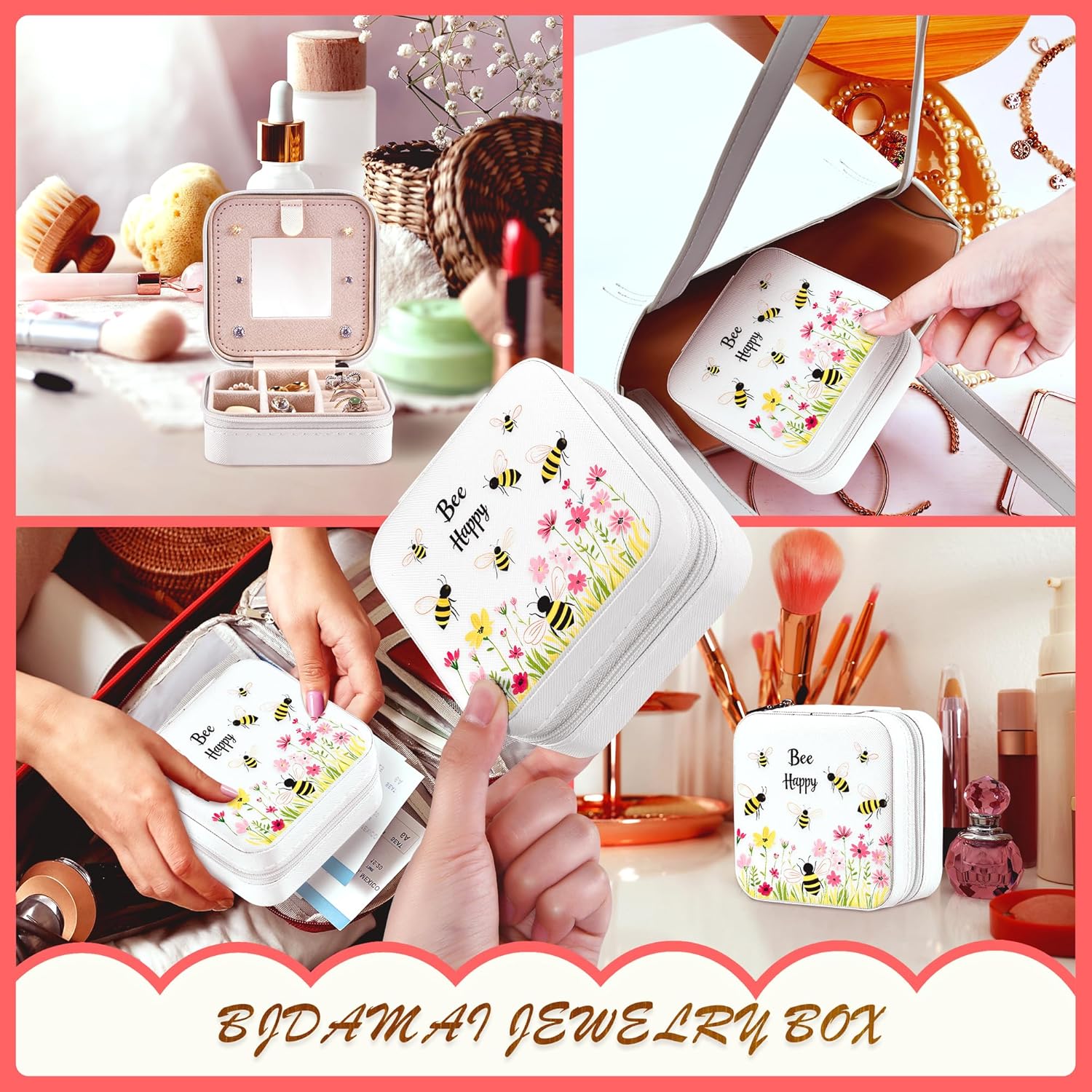 Bee Jewelry Box, Gifts For Women Teens Girls Age 8-12, Bumble Bee Lovers Themed Stuff Items Accessories Things Merchandise Decor Merch, Travel Ring Earrings Necklace Organizer Holder! - 6