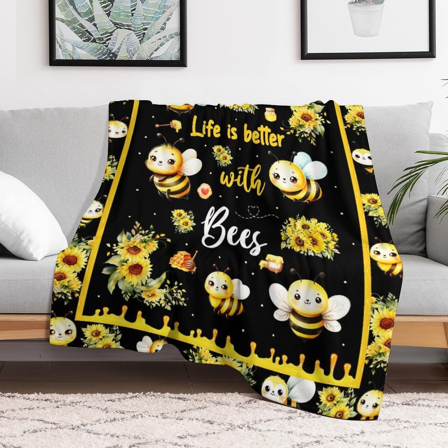 Bee Throw Blanket - Soft Flannel Blankets for Girls Boys Kids Bee Lovers - Warm Animal Throw Blankets for All Season Lap, Chair, Sofa - 50x40 - 2
