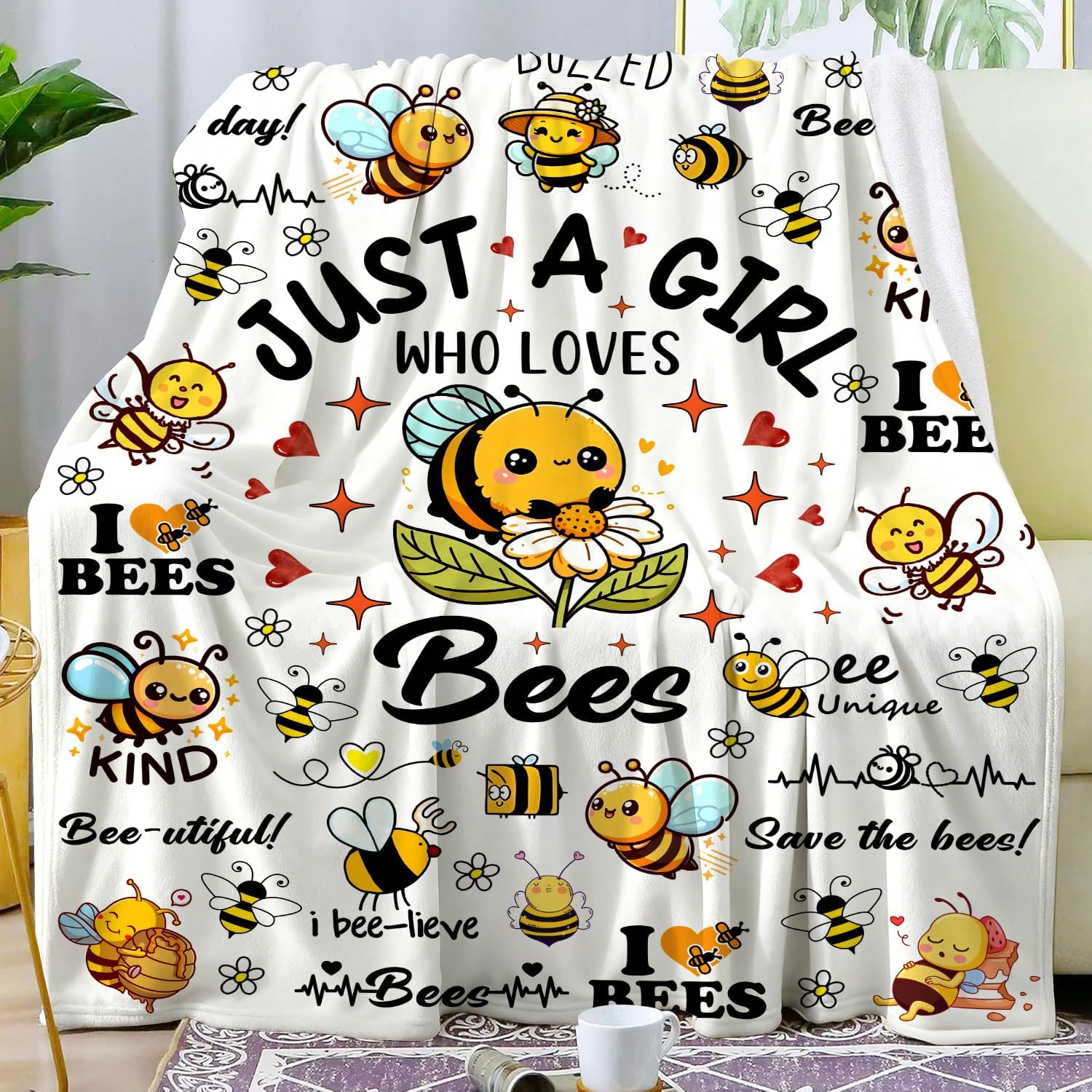 Cute Bee Blanket Bee Gifts for Women,Bees Lovers Throw Blanket,Funny Birthday Bees Themed Gifts for Girls Kids Adults Women 50x 40 - 1