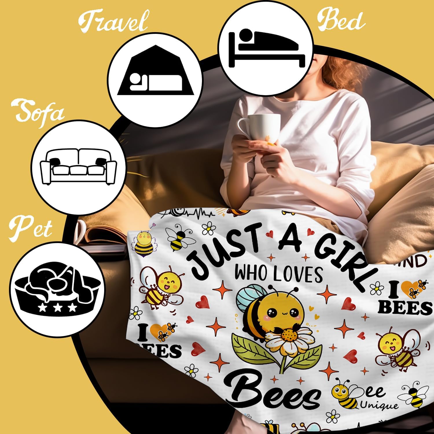 Cute Bee Blanket Bee Gifts for Women,Bees Lovers Throw Blanket,Funny Birthday Bees Themed Gifts for Girls Kids Adults Women 50x 40 - 5