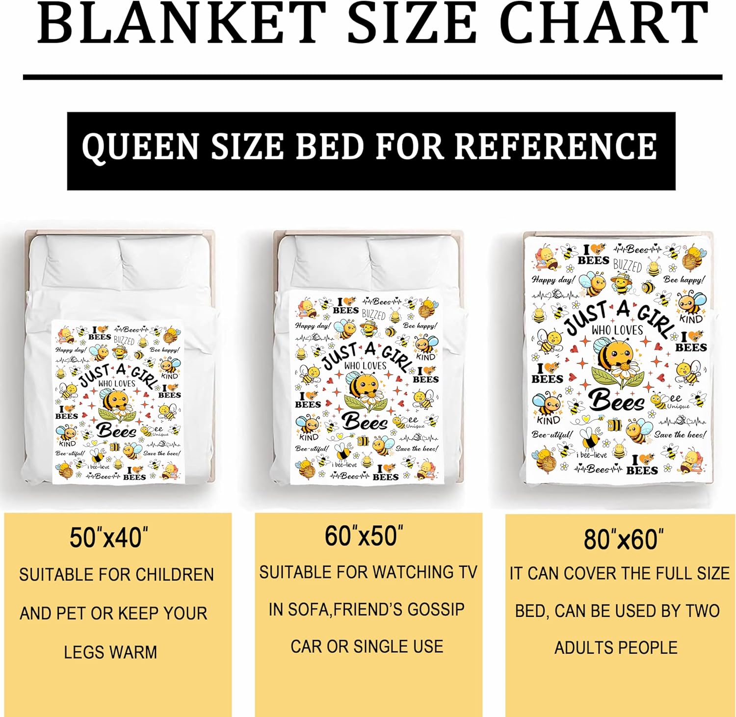 Cute Bee Blanket Bee Gifts for Women,Bees Lovers Throw Blanket,Funny Birthday Bees Themed Gifts for Girls Kids Adults Women 50x 40 - 7