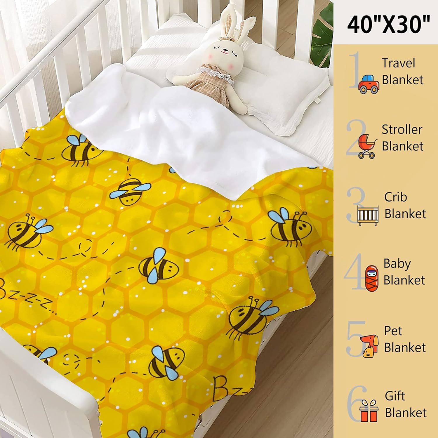 Honeycomb Cute Bee Yellow Blankets for Couch Sofa Bed Fleece Throw Blanket Super Soft Lightweight Warm Gift for Kids Women Indoor Home Decor 40x30 for Pets - 3