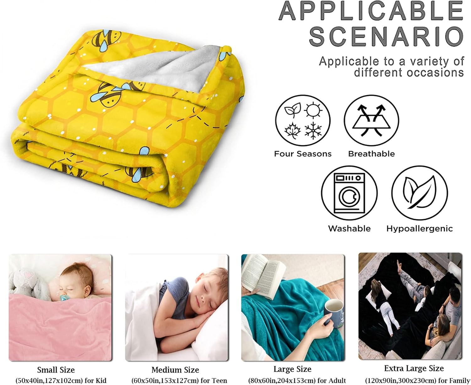 Honeycomb Cute Bee Yellow Blankets for Couch Sofa Bed Fleece Throw Blanket Super Soft Lightweight Warm Gift for Kids Women Indoor Home Decor 40x30 for Pets - 6