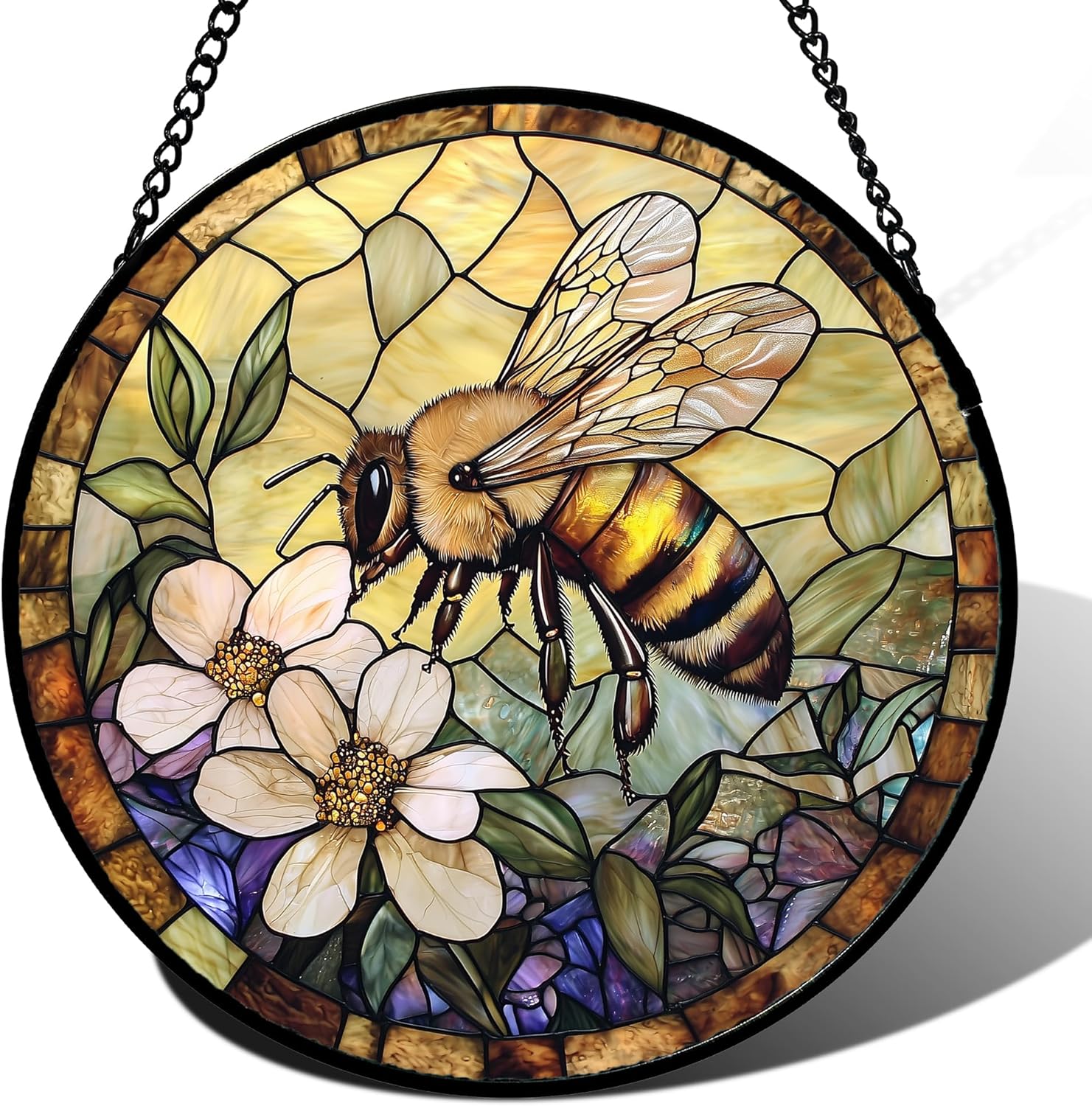 Stained Glass Window Hanging, Vintage Bee Yellow Flower Sun Catcher for Window Door Home Decor Suncatcher Christmas Mother's Day Birthday Gifts for Women Men Mom and Nana 6.3 in - 1