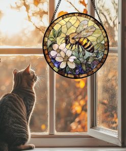Stained Glass Window Hanging, Vintage Bee Yellow Flower Sun Catcher for Window Door Home Decor Suncatcher Christmas Mother's Day Birthday Gifts for Women Men Mom and Nana 6.3 in - 2
