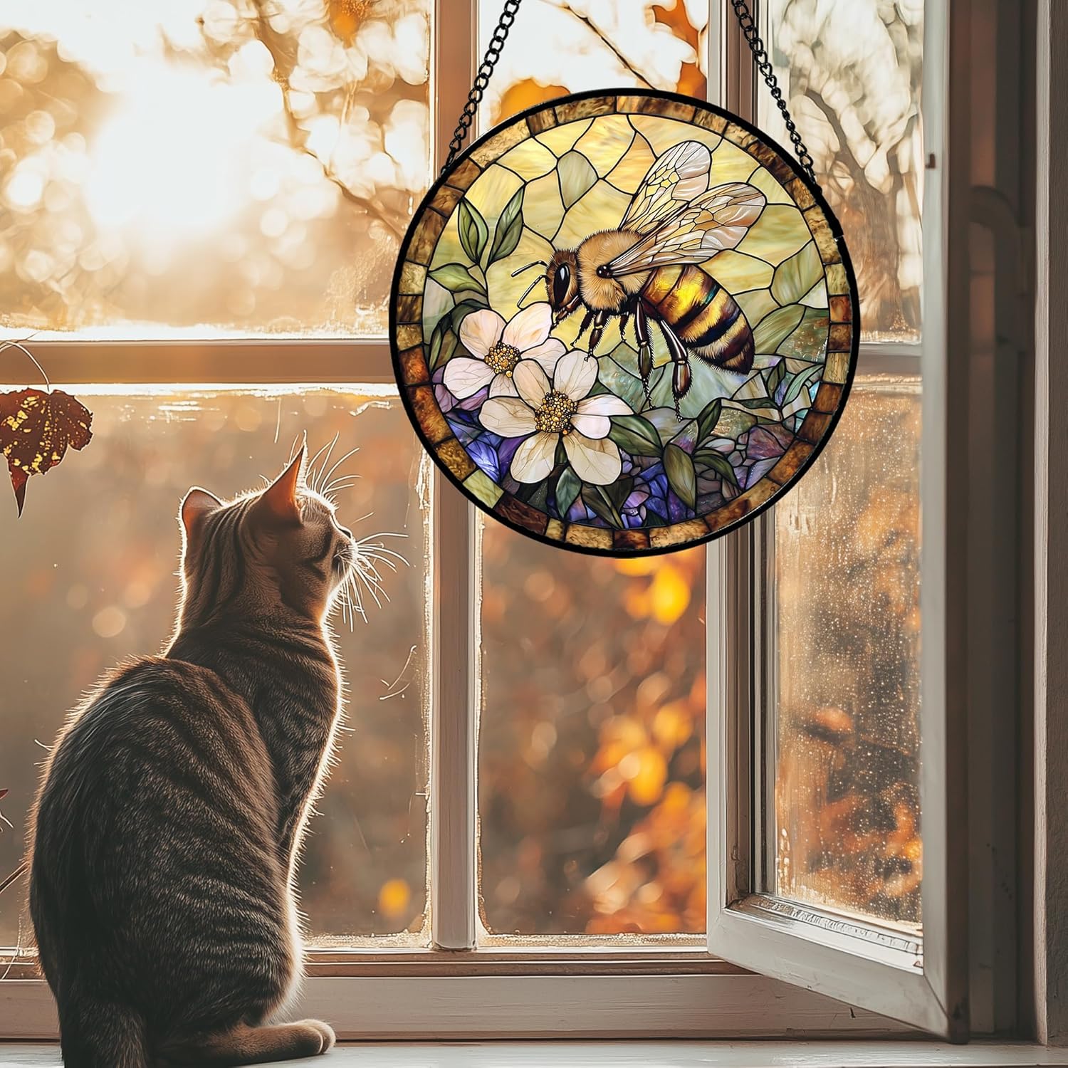 Stained Glass Window Hanging, Vintage Bee Yellow Flower Sun Catcher for Window Door Home Decor Suncatcher Christmas Mother's Day Birthday Gifts for Women Men Mom and Nana 6.3 in - 2