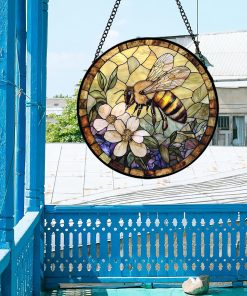 Stained Glass Window Hanging, Vintage Bee Yellow Flower Sun Catcher for Window Door Home Decor Suncatcher Christmas Mother's Day Birthday Gifts for Women Men Mom and Nana 6.3 in - 3