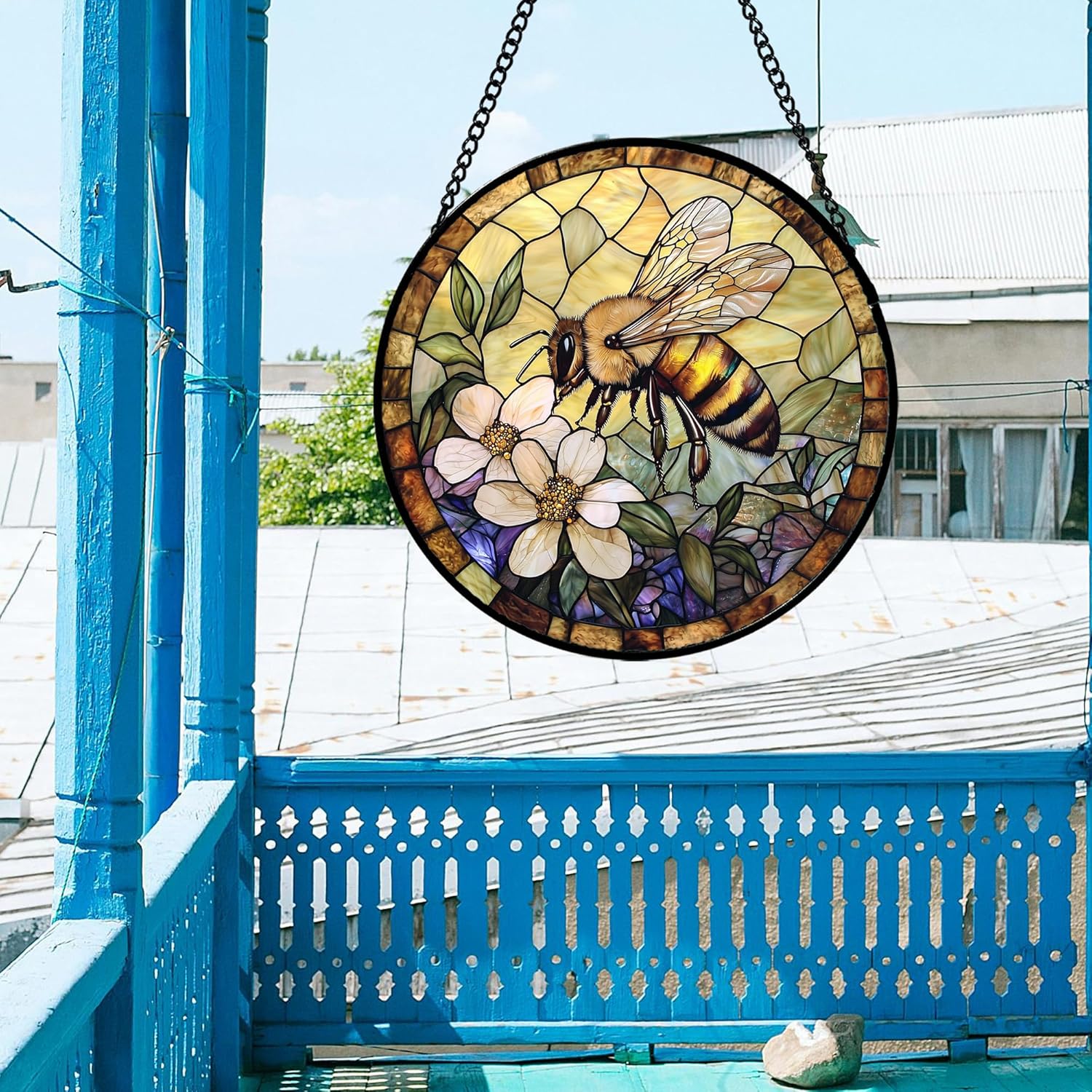 Stained Glass Window Hanging, Vintage Bee Yellow Flower Sun Catcher for Window Door Home Decor Suncatcher Christmas Mother's Day Birthday Gifts for Women Men Mom and Nana 6.3 in - 3