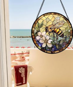 Stained Glass Window Hanging, Vintage Bee Yellow Flower Sun Catcher for Window Door Home Decor Suncatcher Christmas Mother's Day Birthday Gifts for Women Men Mom and Nana 6.3 in - 4