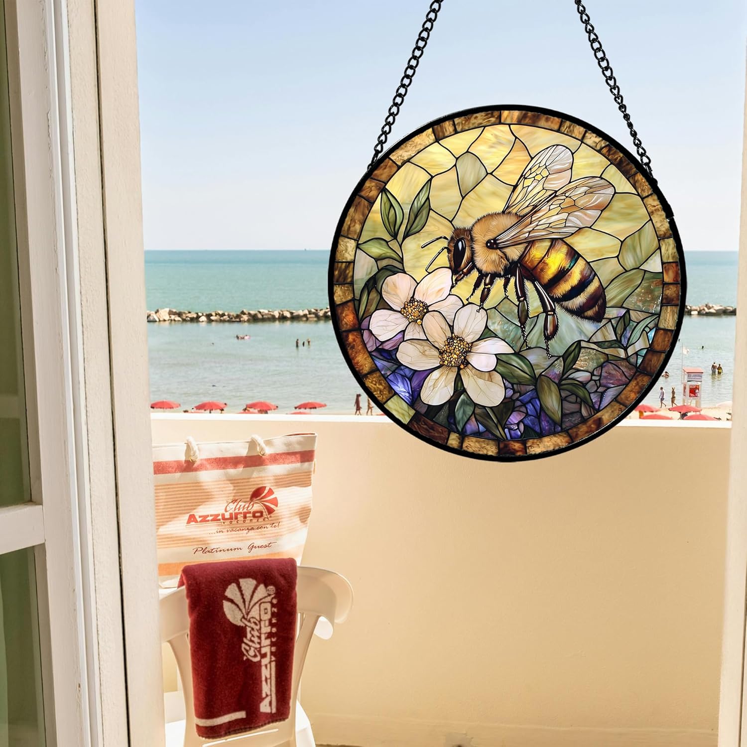 Stained Glass Window Hanging, Vintage Bee Yellow Flower Sun Catcher for Window Door Home Decor Suncatcher Christmas Mother's Day Birthday Gifts for Women Men Mom and Nana 6.3 in - 4