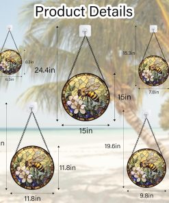 Stained Glass Window Hanging, Vintage Bee Yellow Flower Sun Catcher for Window Door Home Decor Suncatcher Christmas Mother's Day Birthday Gifts for Women Men Mom and Nana 6.3 in - 5