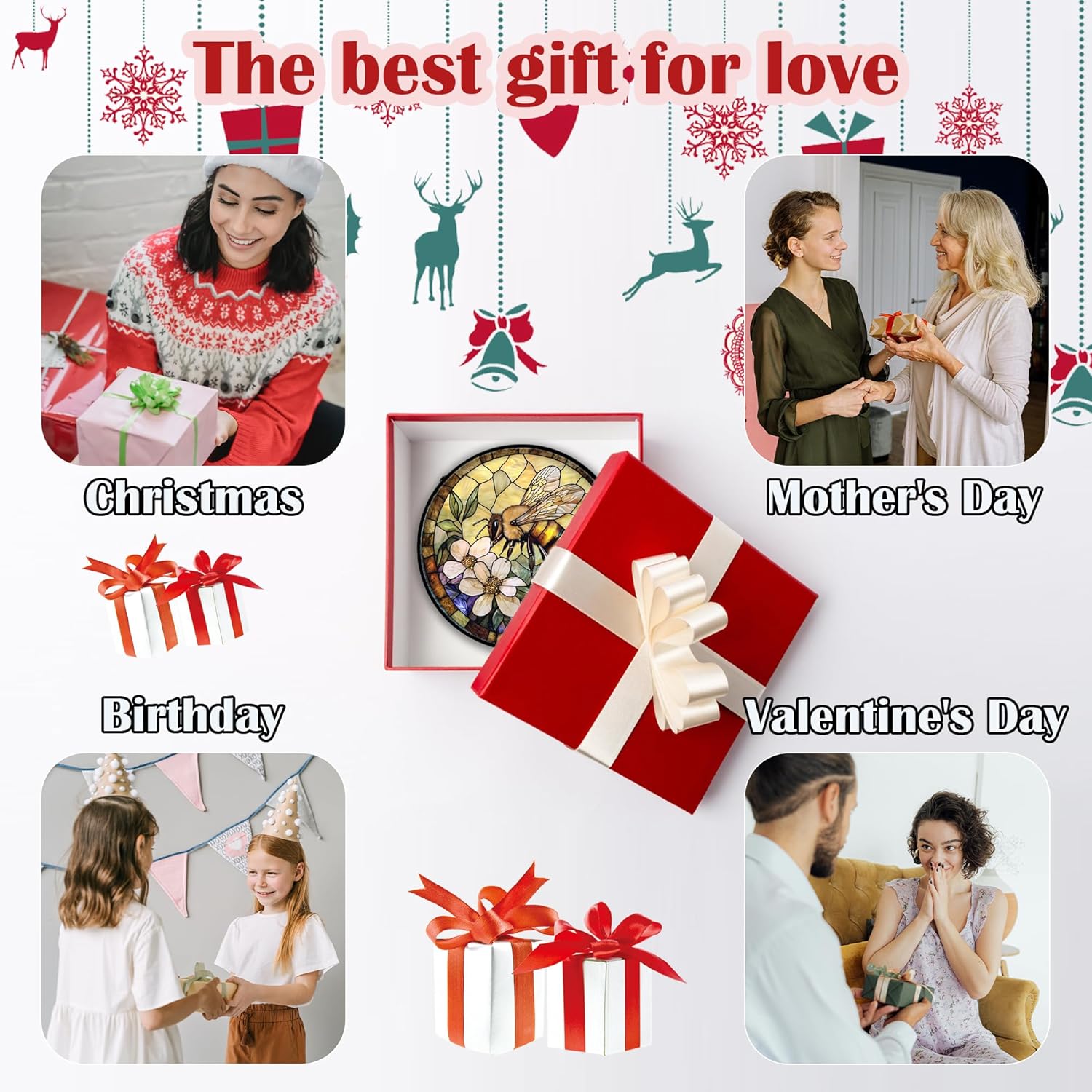 Stained Glass Window Hanging, Vintage Bee Yellow Flower Sun Catcher for Window Door Home Decor Suncatcher Christmas Mother's Day Birthday Gifts for Women Men Mom and Nana 6.3 in - 6