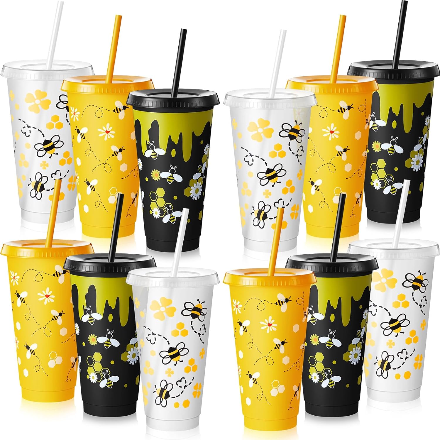 Uiifan 12 Pcs Honey Bee Theme Cups 24oz Reusable Party Plastic Tumbler with Lid and Straw - Bee Birthday Party Decorations Thanksgiving Christmas Gifts - 1