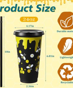 Uiifan 12 Pcs Honey Bee Theme Cups 24oz Reusable Party Plastic Tumbler with Lid and Straw - Bee Birthday Party Decorations Thanksgiving Christmas Gifts - 2