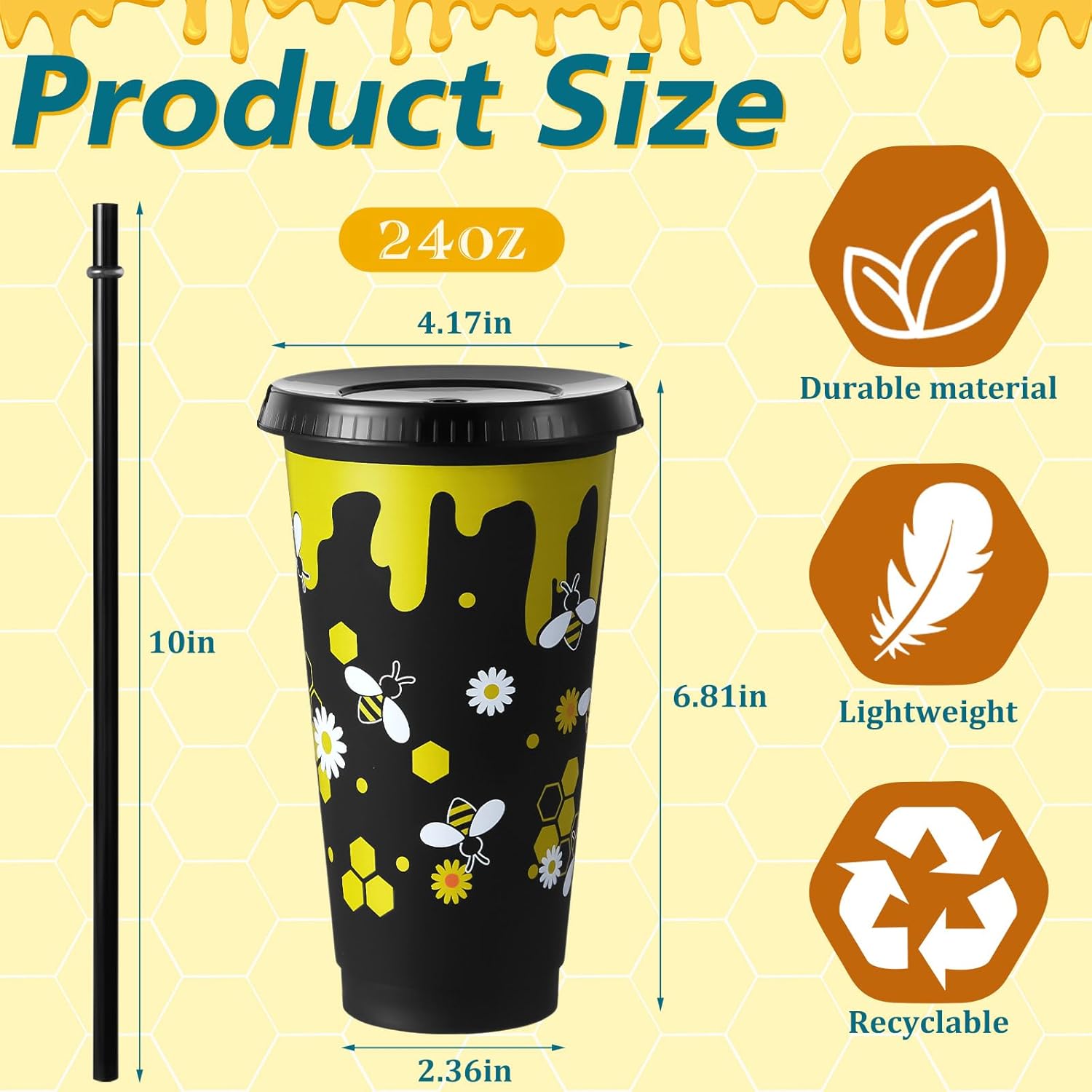 Uiifan 12 Pcs Honey Bee Theme Cups 24oz Reusable Party Plastic Tumbler with Lid and Straw - Bee Birthday Party Decorations Thanksgiving Christmas Gifts - 2