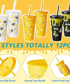 Uiifan 12 Pcs Honey Bee Theme Cups 24oz Reusable Party Plastic Tumbler with Lid and Straw - Bee Birthday Party Decorations Thanksgiving Christmas Gifts - 3