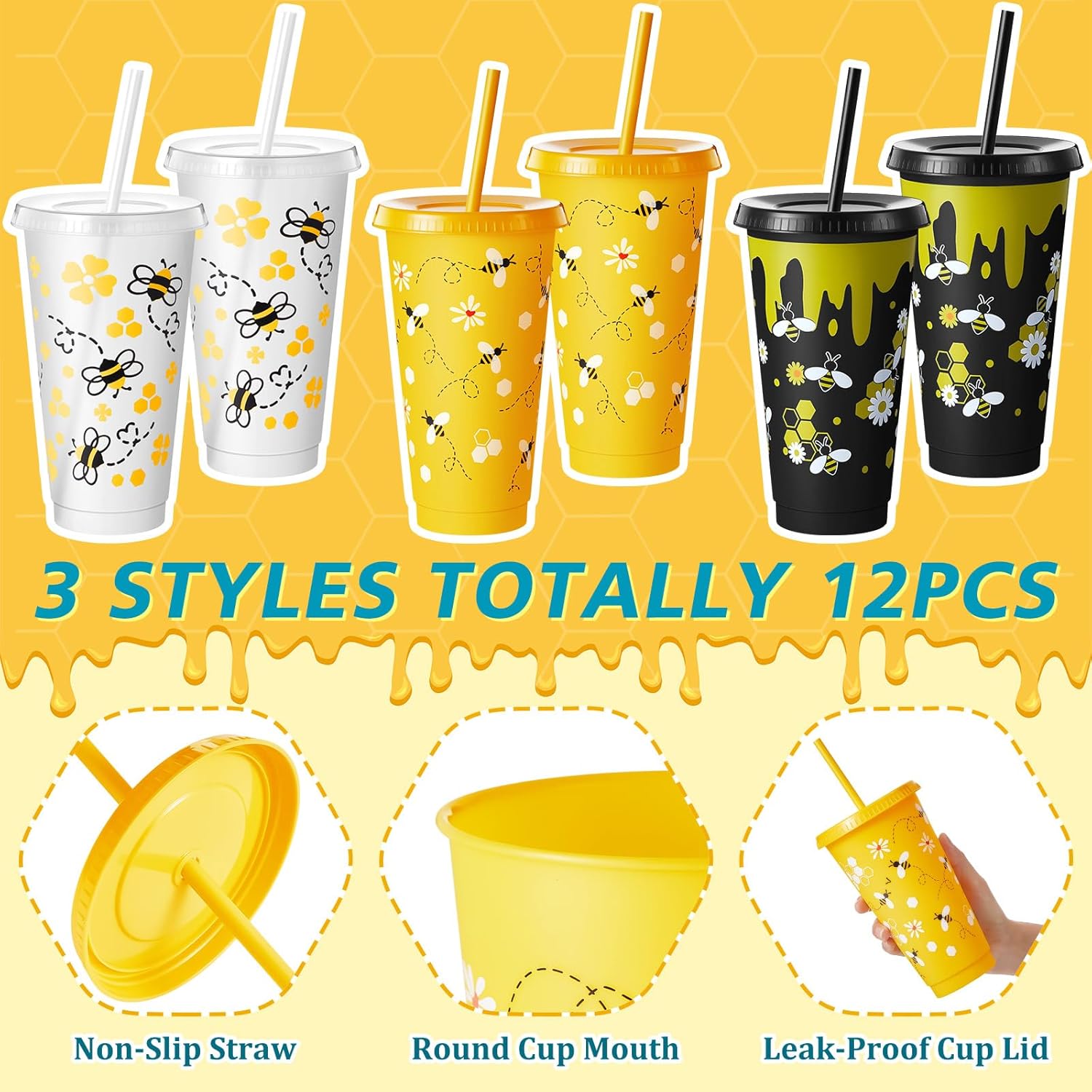 Uiifan 12 Pcs Honey Bee Theme Cups 24oz Reusable Party Plastic Tumbler with Lid and Straw - Bee Birthday Party Decorations Thanksgiving Christmas Gifts - 3