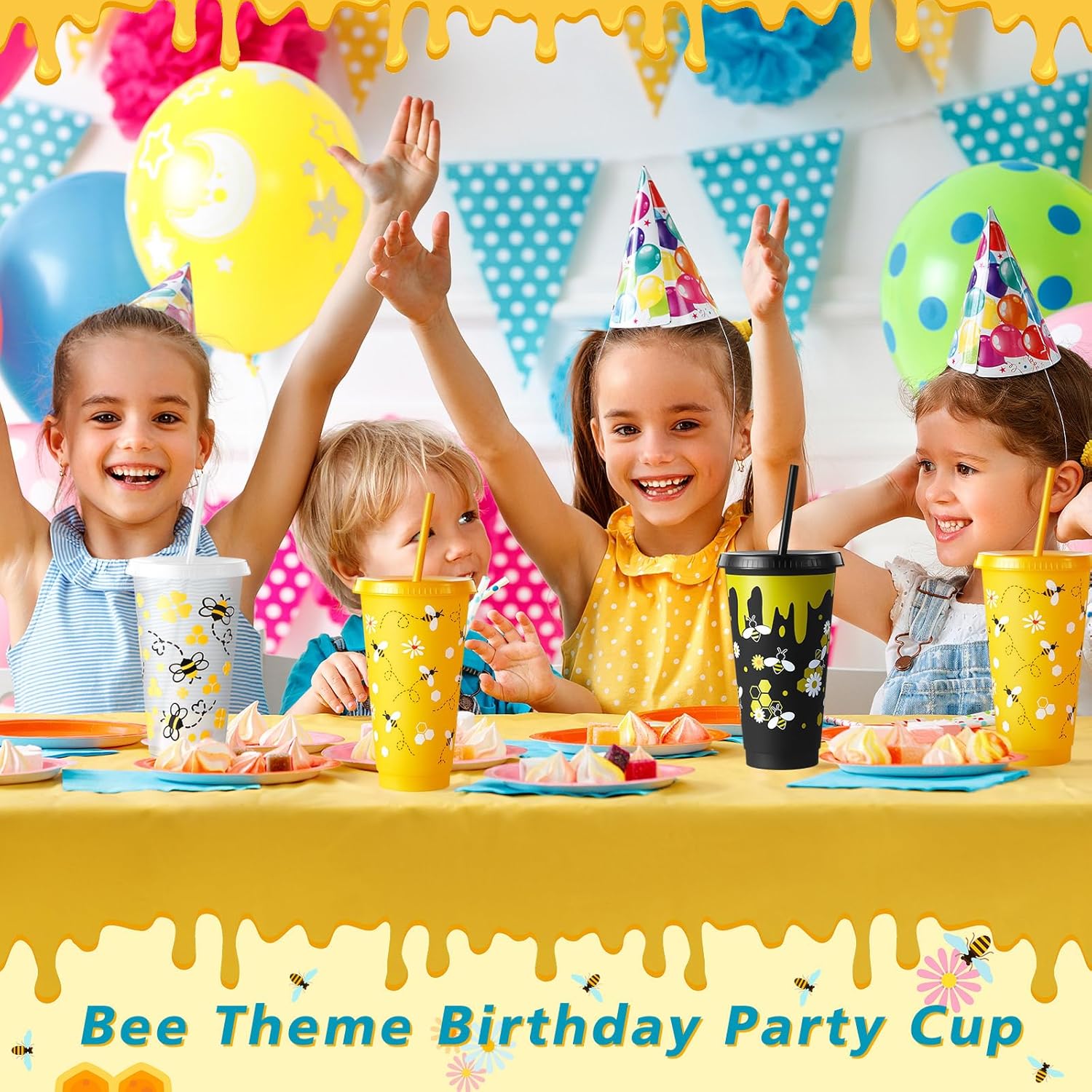 Uiifan 12 Pcs Honey Bee Theme Cups 24oz Reusable Party Plastic Tumbler with Lid and Straw - Bee Birthday Party Decorations Thanksgiving Christmas Gifts - 4