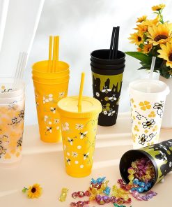 Uiifan 12 Pcs Honey Bee Theme Cups 24oz Reusable Party Plastic Tumbler with Lid and Straw - Bee Birthday Party Decorations Thanksgiving Christmas Gifts - 5