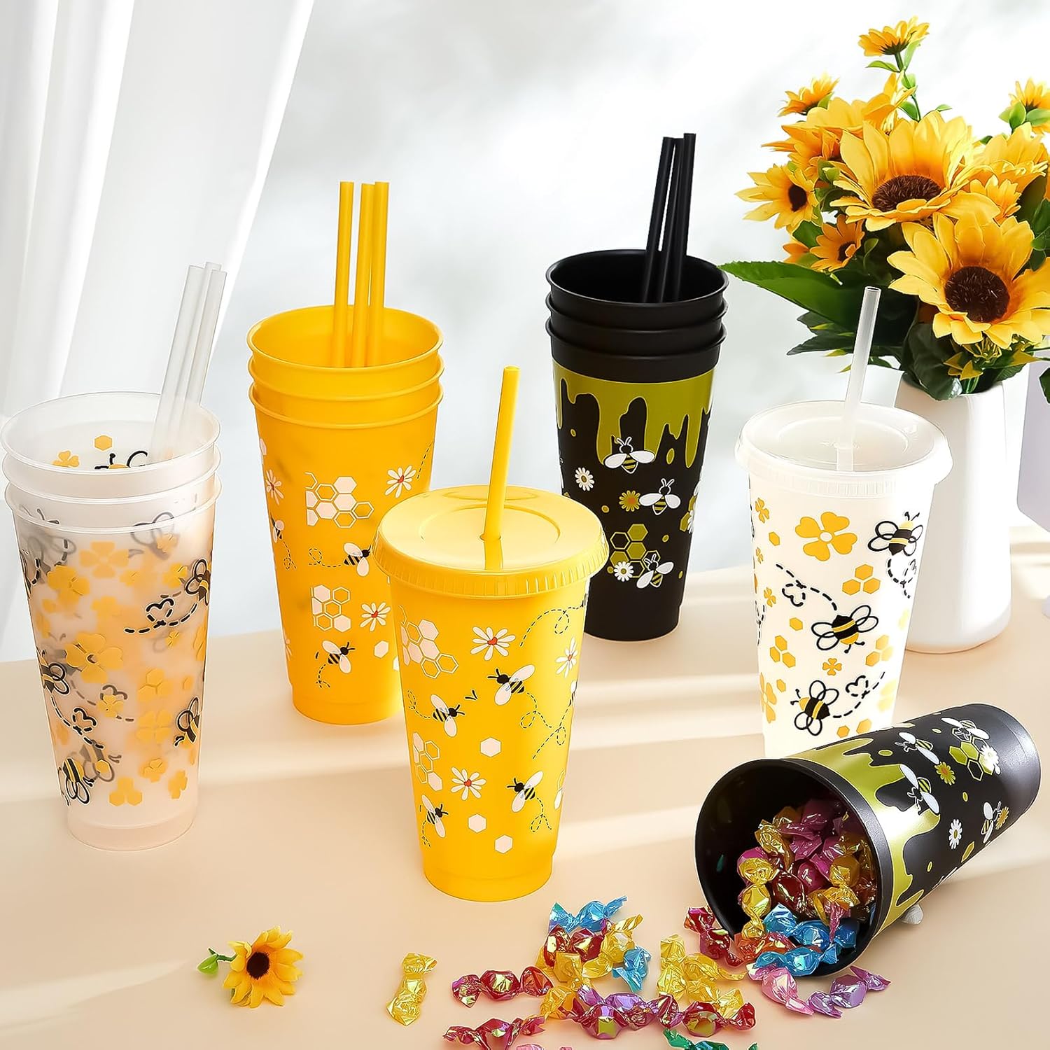 Uiifan 12 Pcs Honey Bee Theme Cups 24oz Reusable Party Plastic Tumbler with Lid and Straw - Bee Birthday Party Decorations Thanksgiving Christmas Gifts - 5
