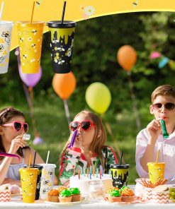 Uiifan 12 Pcs Honey Bee Theme Cups 24oz Reusable Party Plastic Tumbler with Lid and Straw - Bee Birthday Party Decorations Thanksgiving Christmas Gifts - 6