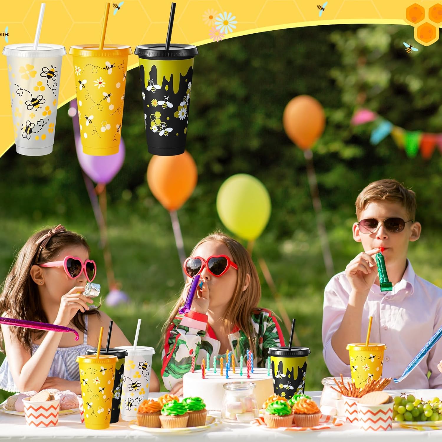 Uiifan 12 Pcs Honey Bee Theme Cups 24oz Reusable Party Plastic Tumbler with Lid and Straw - Bee Birthday Party Decorations Thanksgiving Christmas Gifts - 6