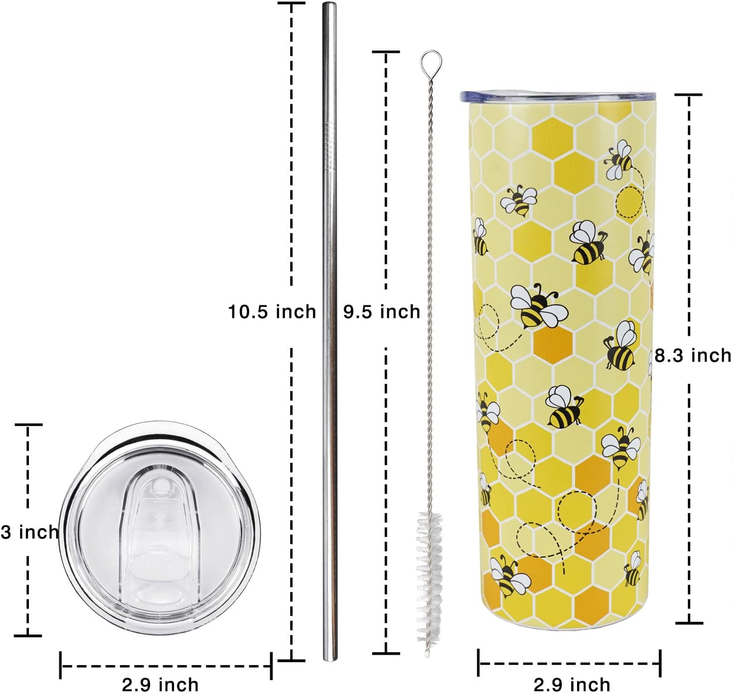 Yellow Bee Coffee Mug - Insulated 20 Oz Tumbler with Lid and Straw for Bee Lovers - 7
