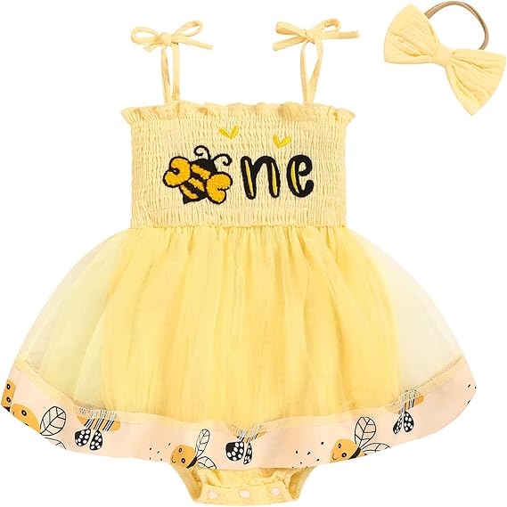 Baby Girl 1st Birthday Clothes One Year Old Tulle Romper Sleeveless Bodysuit Cake Smash Outfits - 1