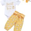 GRNSHTS Infant Baby Girl Bumble Bee Clothes Letter Print Romper Honey Bees Pants Bowknot Headband Outfits Set - 1