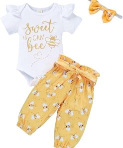 GRNSHTS Infant Baby Girl Bumble Bee Clothes Letter Print Romper Honey Bees Pants Bowknot Headband Outfits Set - 1