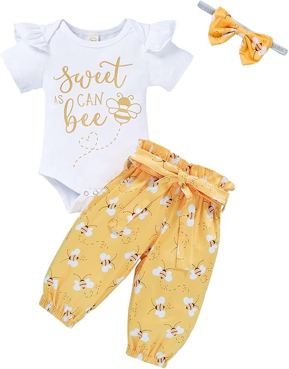 GRNSHTS Infant Baby Girl Bumble Bee Clothes Letter Print Romper Honey Bees Pants Bowknot Headband Outfits Set - 1