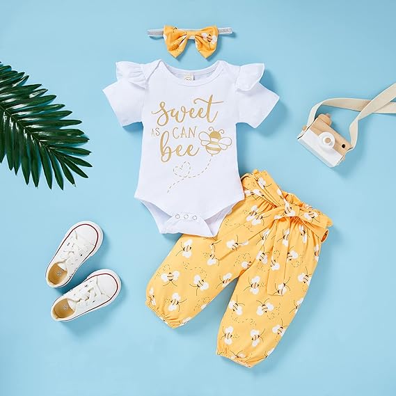 GRNSHTS Infant Baby Girl Bumble Bee Clothes Letter Print Romper Honey Bees Pants Bowknot Headband Outfits Set - Image 7