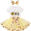 HAPPYMA Baby Girls One 1st Birthday Outfit Bee Sunflower Romper Tulle Tutu Skirt Sequin Bow Party Clothes Set - 1