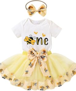 HAPPYMA Baby Girls One 1st Birthday Outfit Bee Sunflower Romper Tulle Tutu Skirt Sequin Bow Party Clothes Set - 1