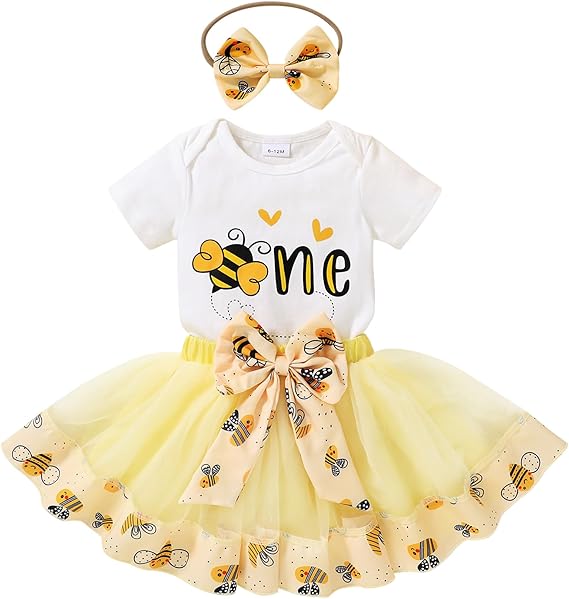 HAPPYMA Baby Girls One 1st Birthday Outfit Bee Sunflower Romper Tulle Tutu Skirt Sequin Bow Party Clothes Set - 1