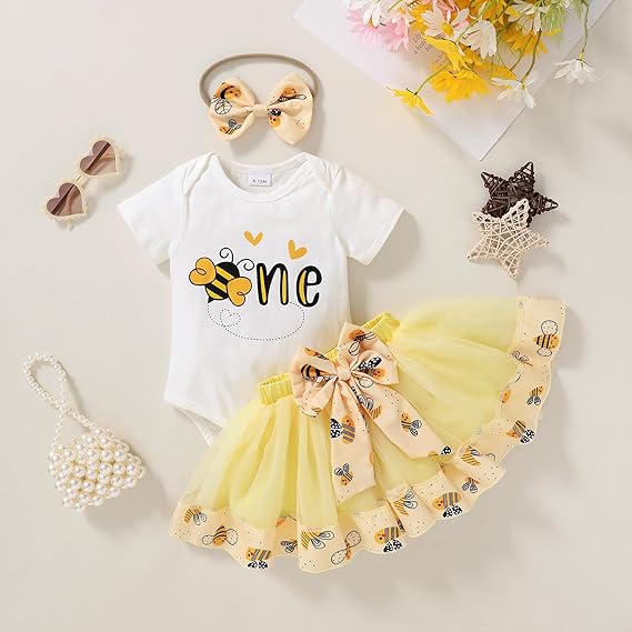 HAPPYMA Baby Girls One 1st Birthday Outfit Bee Sunflower Romper Tulle Tutu Skirt Sequin Bow Party Clothes Set - Image 6