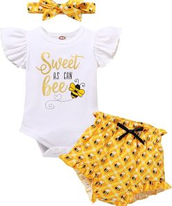 YOUNGER TREE Infant Baby Girl 1st Birthday Outfits Bumble Bee Printed One Romper Shorts Headband Summer Ruffle Sleeve Clothes - 1