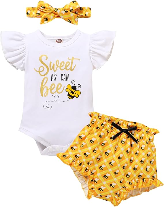 YOUNGER TREE Infant Baby Girl 1st Birthday Outfits Bumble Bee Printed One Romper Shorts Headband Summer Ruffle Sleeve Clothes - 1