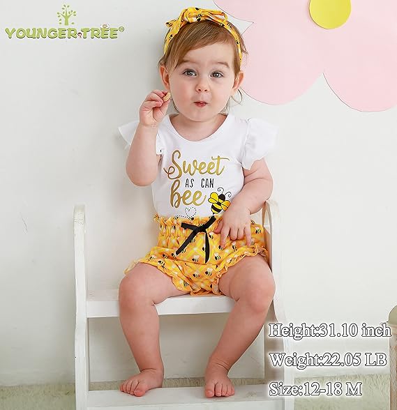YOUNGER TREE Infant Baby Girl 1st Birthday Outfits Bumble Bee Printed One Romper Shorts Headband Summer Ruffle Sleeve Clothes - Image 3