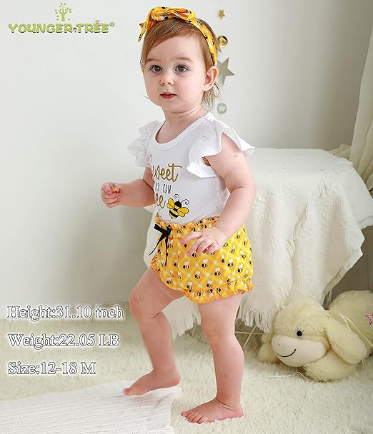 YOUNGER TREE Infant Baby Girl 1st Birthday Outfits Bumble Bee Printed One Romper Shorts Headband Summer Ruffle Sleeve Clothes - Image 4