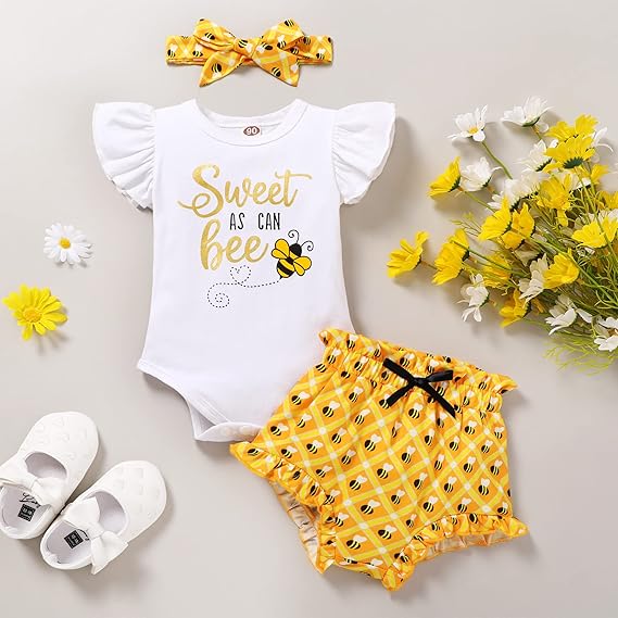 YOUNGER TREE Infant Baby Girl 1st Birthday Outfits Bumble Bee Printed One Romper Shorts Headband Summer Ruffle Sleeve Clothes - Image 5