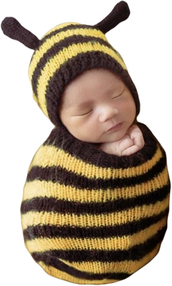 Zeroest Newborn Photography Props Bee Photoshoot Outfits Girl Boy Picture Outfit Baby Photo Knitted Bee Bonnet Romper - 1