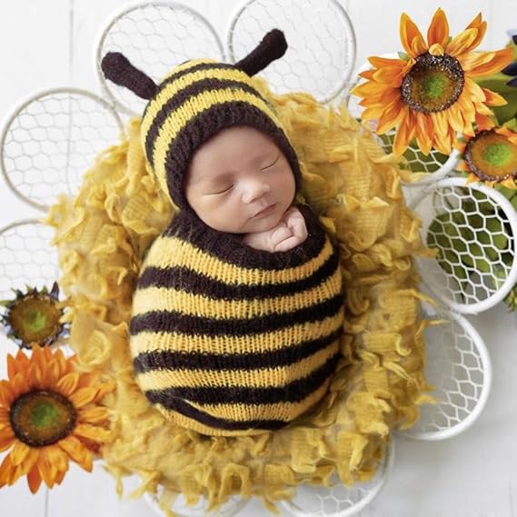 Zeroest Newborn Photography Props Bee Photoshoot Outfits Girl Boy Picture Outfit Baby Photo Knitted Bee Bonnet Romper - Image 4
