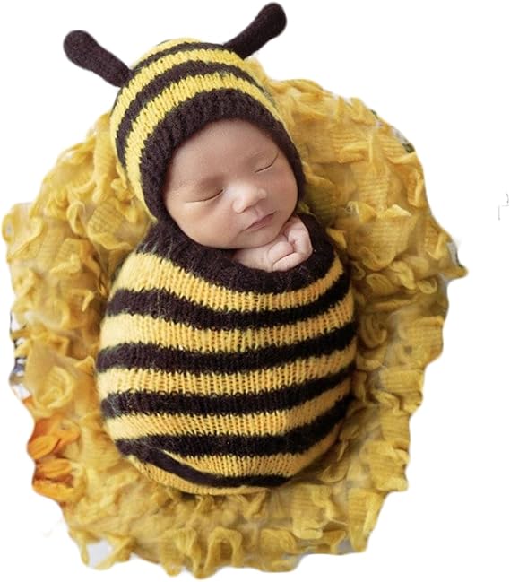 Zeroest Newborn Photography Props Bee Photoshoot Outfits Girl Boy Picture Outfit Baby Photo Knitted Bee Bonnet Romper - Image 2