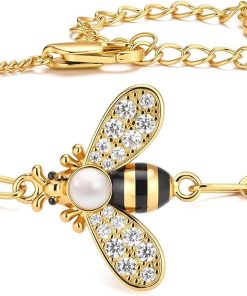 Cicy Bell 18K Gold Plated Bracelets for Women Bumble Bee Bracelets Oval Pearl Cubic Zirconia Figaro Chain Trendy Cute Animal Jewelry Gift - 1
