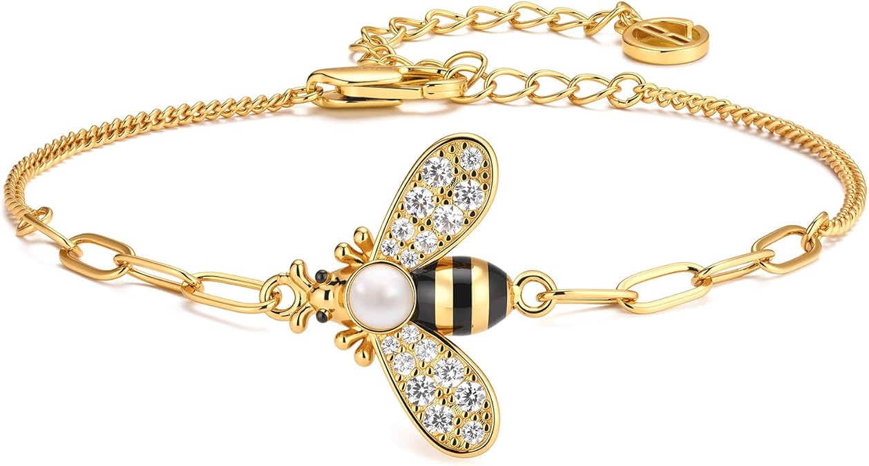 Cicy Bell 18K Gold Plated Bracelets for Women Bumble Bee Bracelets Oval Pearl Cubic Zirconia Figaro Chain Trendy Cute Animal Jewelry Gift - 1
