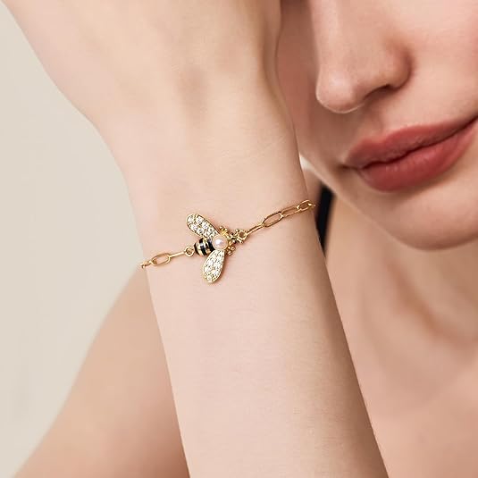 Cicy Bell 18K Gold Plated Bracelets for Women Bumble Bee Bracelets Oval Pearl Cubic Zirconia Figaro Chain Trendy Cute Animal Jewelry Gift - Image 6