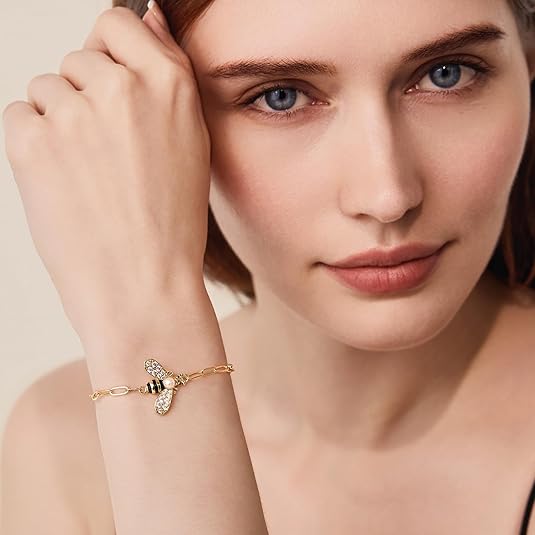 Cicy Bell 18K Gold Plated Bracelets for Women Bumble Bee Bracelets Oval Pearl Cubic Zirconia Figaro Chain Trendy Cute Animal Jewelry Gift - Image 5